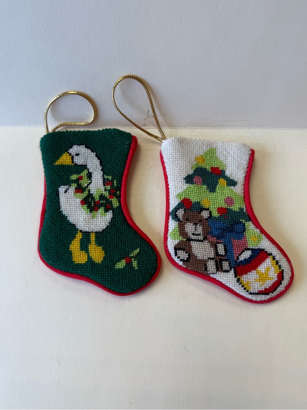 Vintage Handmade Bauble Needlepoint Mini Christmas Stocking Ornaments.